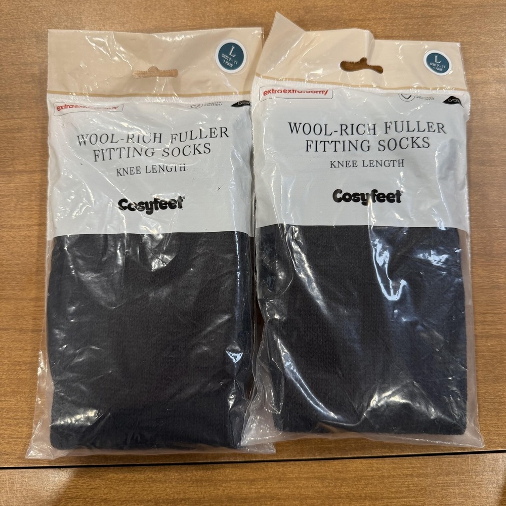 Cosyfeet Socks Mens 9-11 Black Wool-Rich Knee Length Fitting Extra Roomy 2 Pair